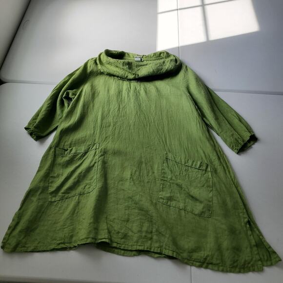 Match Point Tops - Match Point Tunic Shirt Womens Medium Green Linen Cowl Neck 3/4 Sleeve Pockets